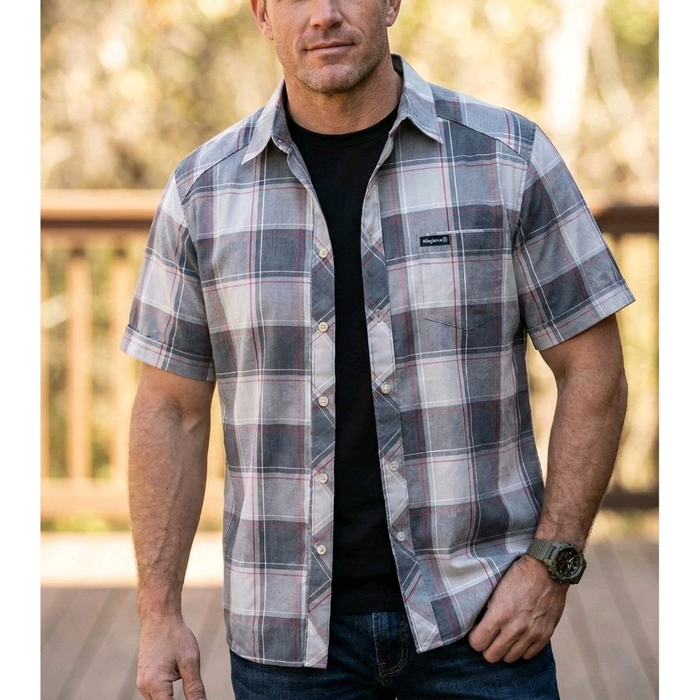 Allegiance Men's XL Shirt Button Up Short Sleeve Plaid Grey Red Tactical Logo...